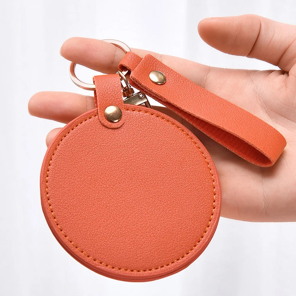 Round Shape Pocket Mirror with Keychain PU Leather Cosmetic Mirror Rotating Mini Makeup Mirror Hanging Ornament - Orange - 3
