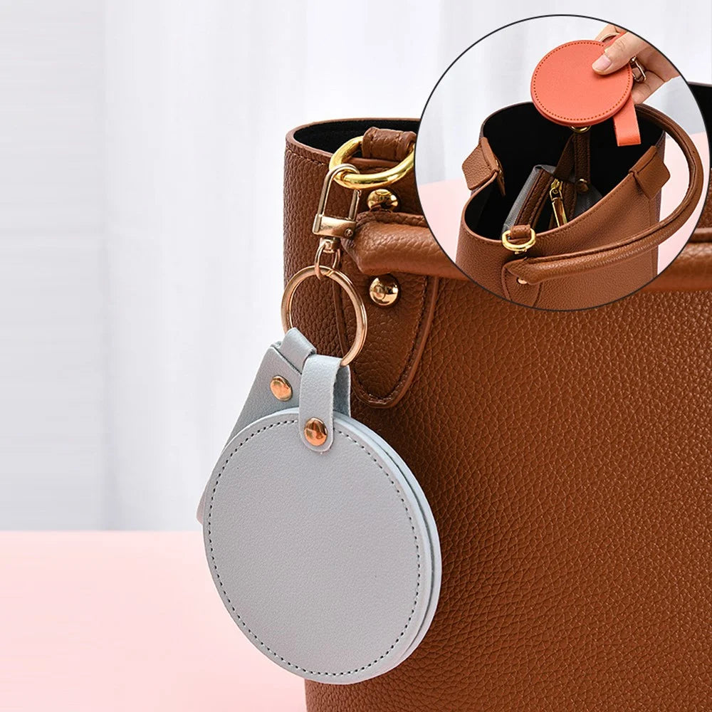 Round Shape Pocket Mirror with Keychain PU Leather Cosmetic Mirror Rotating Mini Makeup Mirror Hanging Ornament - Orange - 4