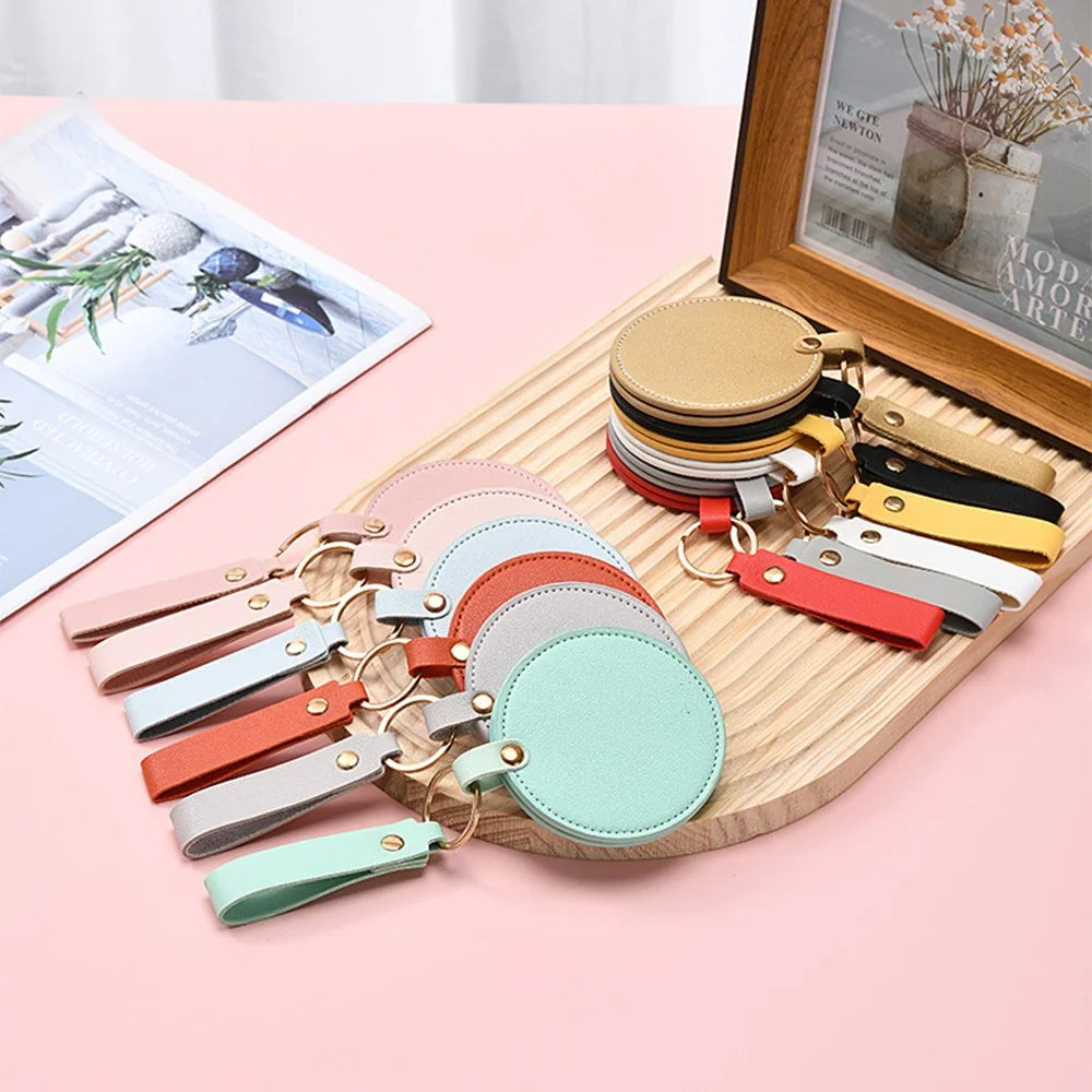 Round Shape Pocket Mirror with Keychain PU Leather Cosmetic Mirror Rotating Mini Makeup Mirror Hanging Ornament - Orange - 5