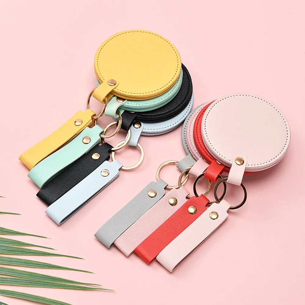 Round Shape Pocket Mirror with Keychain PU Leather Cosmetic Mirror Rotating Mini Makeup Mirror Hanging Ornament - Orange - 6