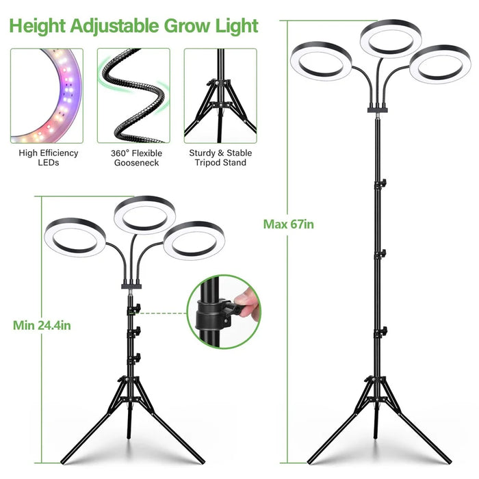 6 Inch Ring Grow Light 3 Head Adjustable Tripod Stand LED Lamp for Indoor Plants Succulents - EU Plug - 3