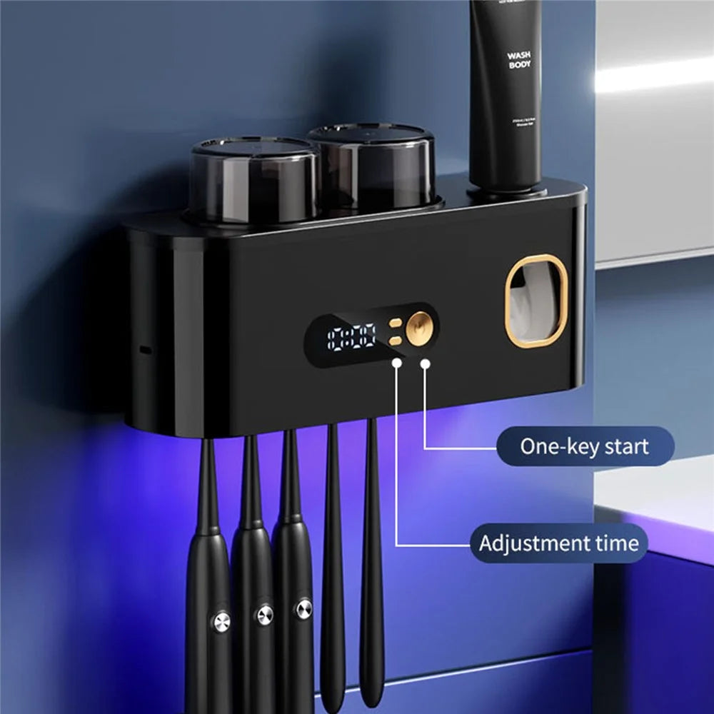 Blue Light Sterilization Toothbrush Holder Toothpaste Squeezer Multifunction Wall Mounted Storage Rack - Black - 3