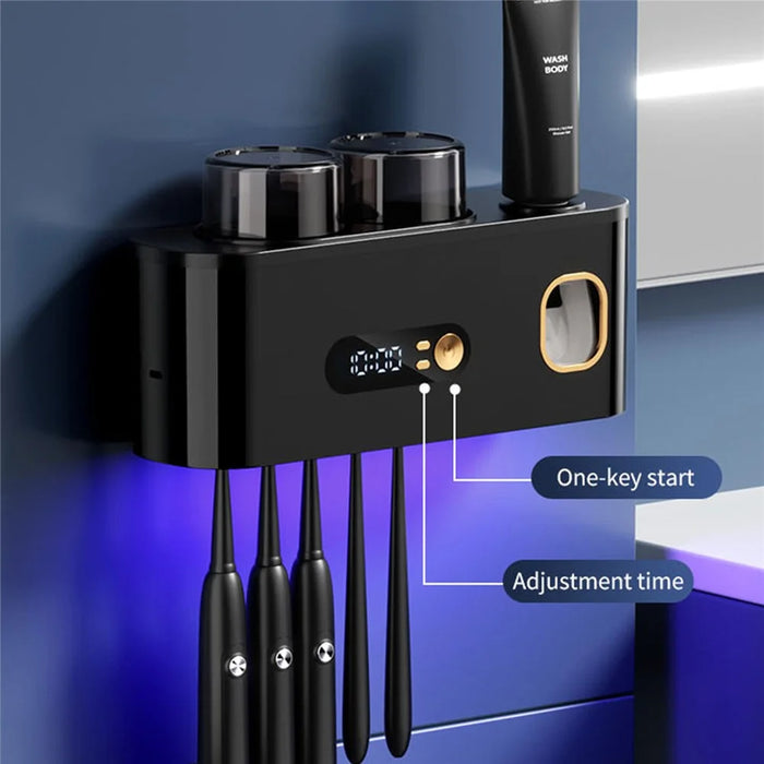 Blue Light Sterilization Toothbrush Holder Toothpaste Squeezer Multifunction Wall Mounted Storage Rack - Black - 3