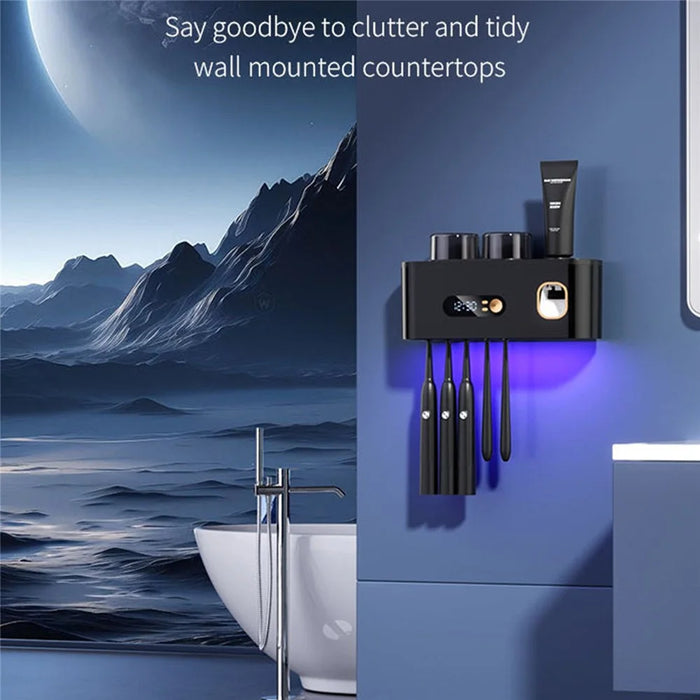 Blue Light Sterilization Toothbrush Holder Toothpaste Squeezer Multifunction Wall Mounted Storage Rack - Black - 4