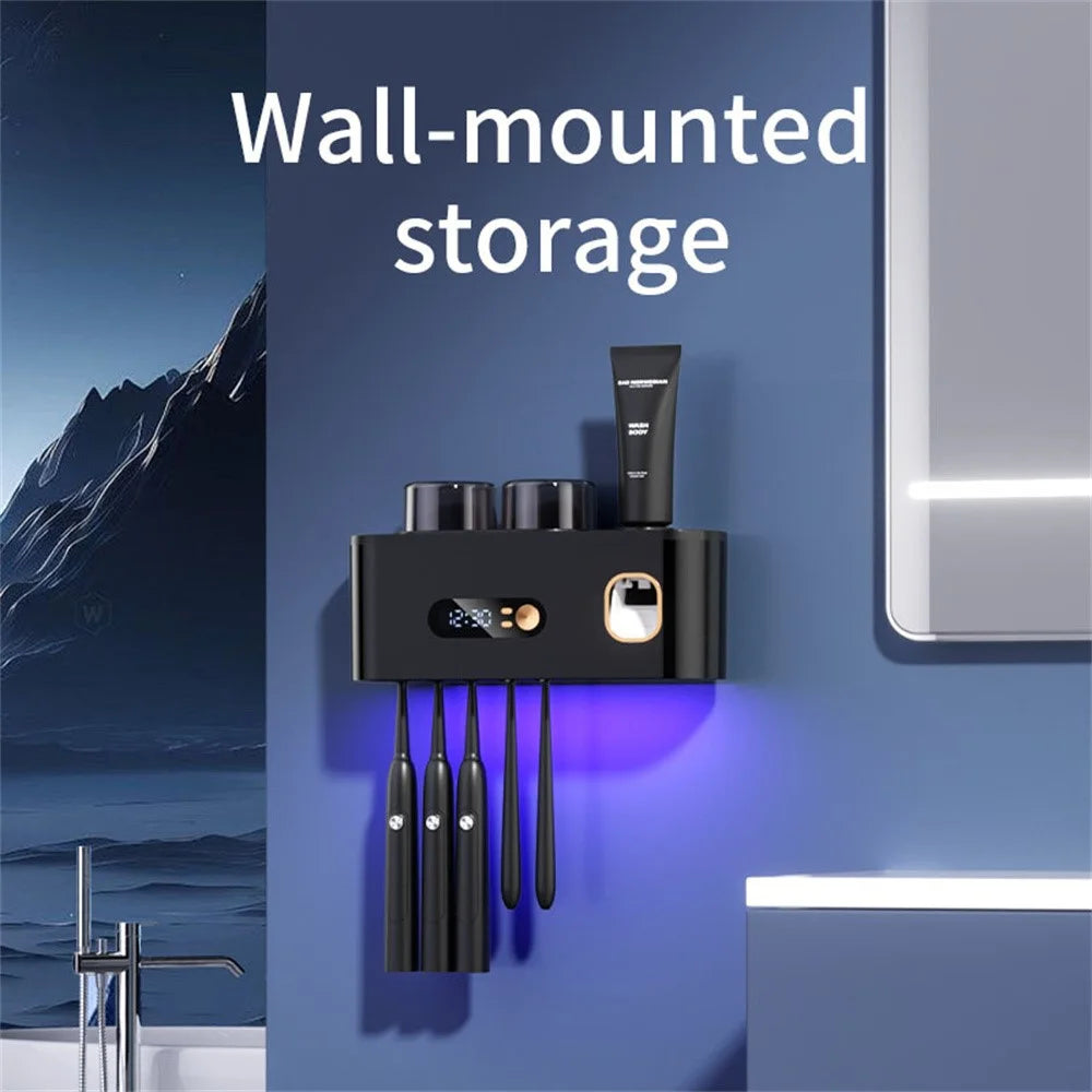 Blue Light Sterilization Toothbrush Holder Toothpaste Squeezer Multifunction Wall Mounted Storage Rack - Black - 7