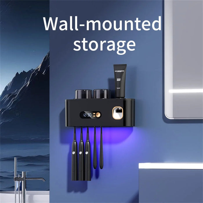 Blue Light Sterilization Toothbrush Holder Toothpaste Squeezer Multifunction Wall Mounted Storage Rack - Black - 7