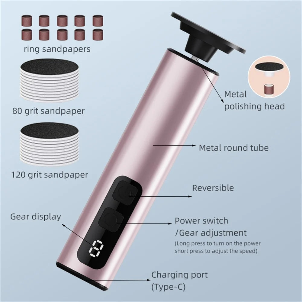 FR10 Portable Electric Foot File 9 Speed Settings LCD Display Callus Remover Aluminum Alloy Pedicure Tool Gift - Rose Gold - 3