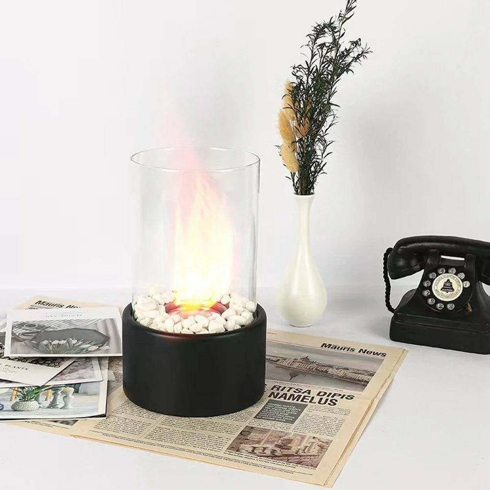 Portable Tabletop Ethanol Fireplace Light 12x22cm Indoor Stainless Steel Heater Round Glass Ambient Light - Black - 3