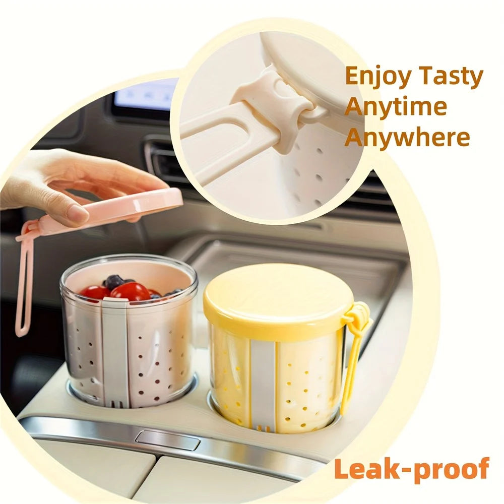 720ml Fruit Cup with Strainer Fork Breakfast Oatmeal Salad Container Portable Outdoor Picnic Milk Cup (BPA-Free, No FDA) - Yellow - 3