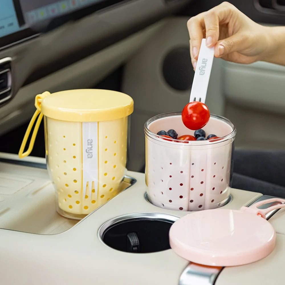 720ml Fruit Cup with Strainer Fork Breakfast Oatmeal Salad Container Portable Outdoor Picnic Milk Cup (BPA-Free, No FDA) - Yellow - 7