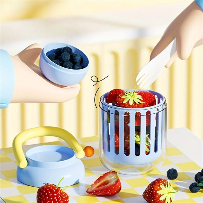 Portable Salad Cup with Fork Fruit Storage Container Leak-Proof Picnic Bowl Drainer for Outdoor / Office (BPA-Free, No FDA) - Blue - 4