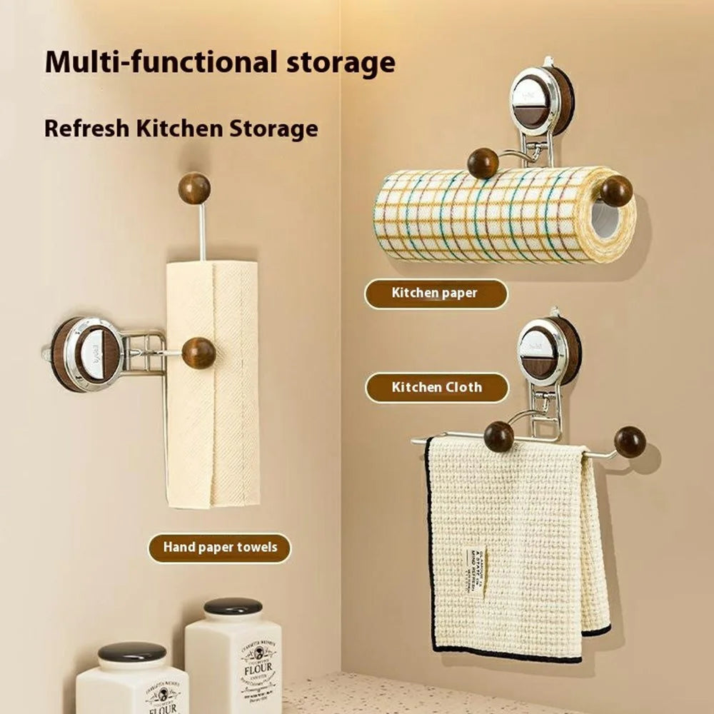 Kitchen Paper Towel Holder Suction Cup No Drill Cabinet Roll Dispenser Cling Film Rack Storage for Cloths / Wipes - Walnut - 2