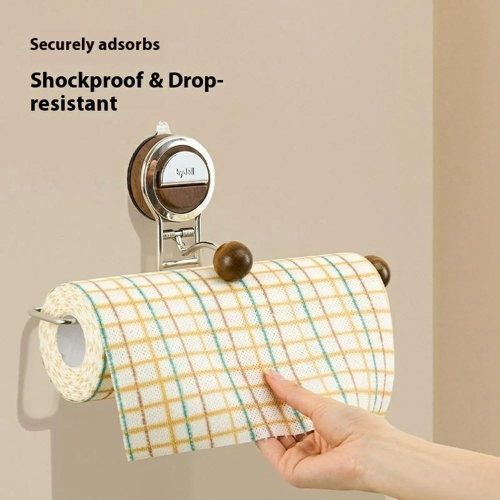 Kitchen Paper Towel Holder Suction Cup No Drill Cabinet Roll Dispenser Cling Film Rack Storage for Cloths / Wipes - Walnut - 3