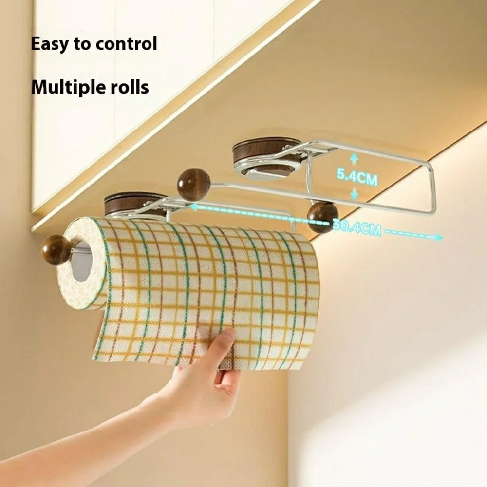 Kitchen Paper Towel Holder Suction Cup No Drill Cabinet Roll Dispenser Cling Film Rack Storage for Cloths / Wipes - Walnut - 4