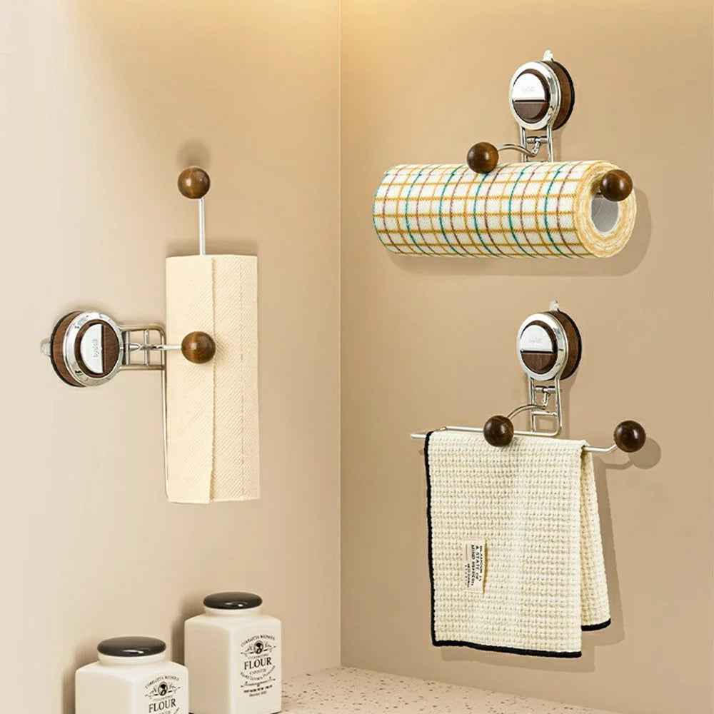 Kitchen Paper Towel Holder Suction Cup No Drill Cabinet Roll Dispenser Cling Film Rack Storage for Cloths / Wipes - Walnut - 6
