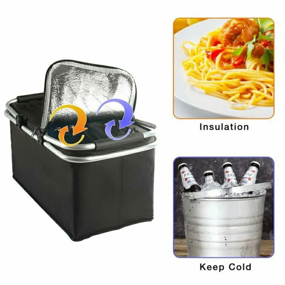 Foldable Outdoor Picnic Cooler Basket 30L Oxford Cloth Insulated Tote Lunch Bag for Camping Fishing Beach - Black - 2