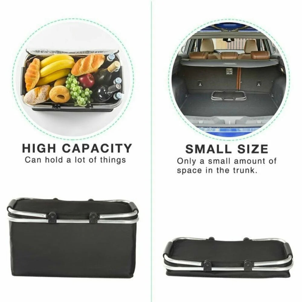Foldable Outdoor Picnic Cooler Basket 30L Oxford Cloth Insulated Tote Lunch Bag for Camping Fishing Beach - Black - 3