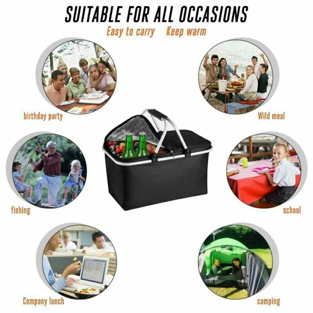 Foldable Outdoor Picnic Cooler Basket 30L Oxford Cloth Insulated Tote Lunch Bag for Camping Fishing Beach - Black - 4