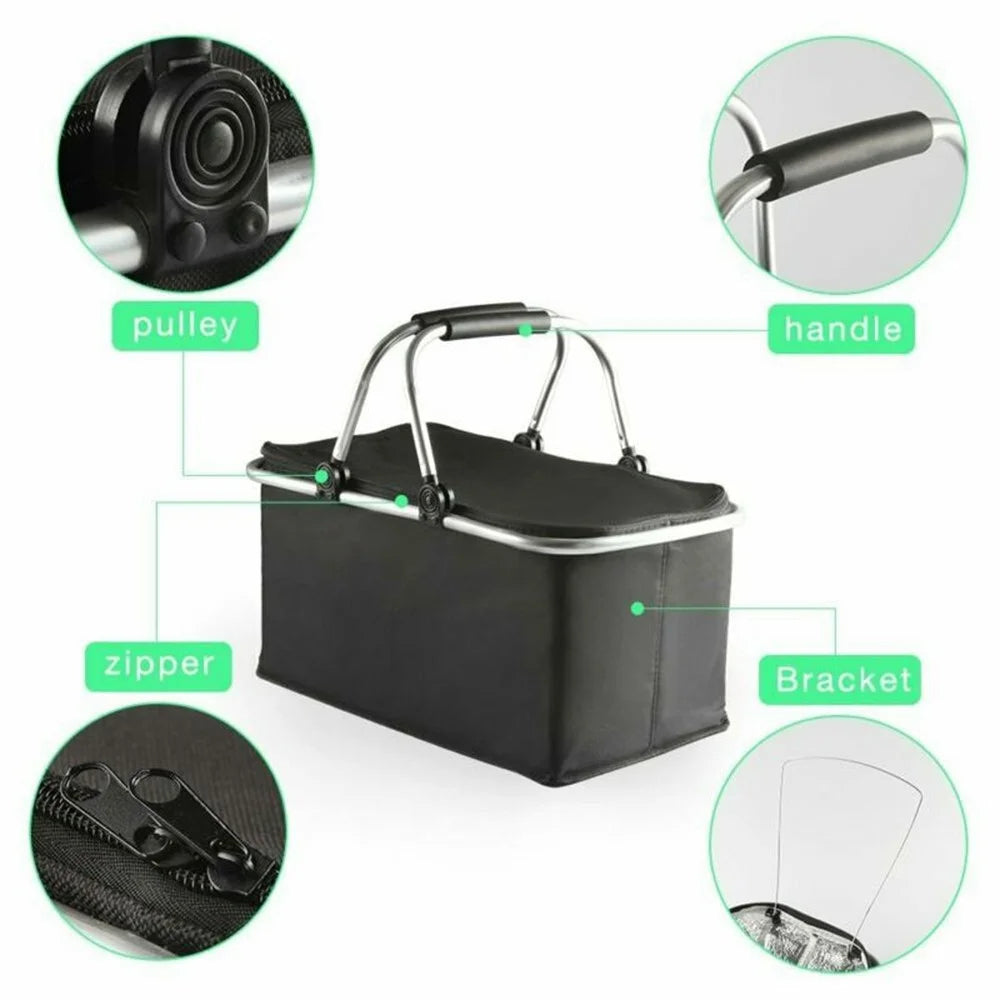 Foldable Outdoor Picnic Cooler Basket 30L Oxford Cloth Insulated Tote Lunch Bag for Camping Fishing Beach - Black - 5