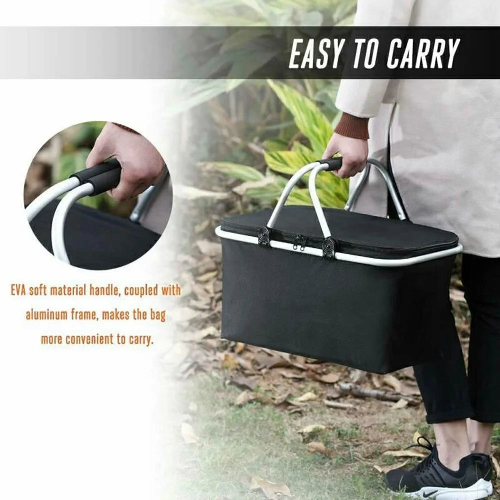 Foldable Outdoor Picnic Cooler Basket 30L Oxford Cloth Insulated Tote Lunch Bag for Camping Fishing Beach - Black - 6