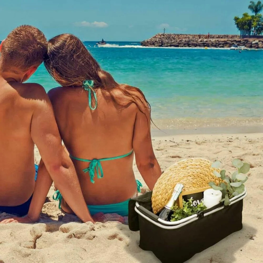 Foldable Outdoor Picnic Cooler Basket 30L Oxford Cloth Insulated Tote Lunch Bag for Camping Fishing Beach - Black - 7