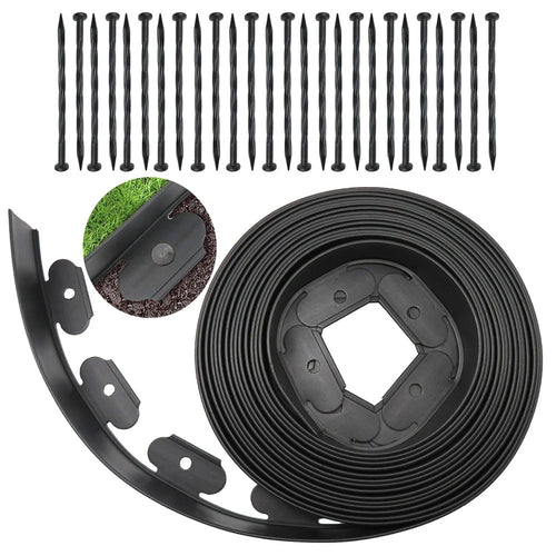 Garden Landscape Edging Length: 10m, 10cm x5cm Lawn Edging Border L-Shaped Barrier with 30PCS Stakes - Black - 1
