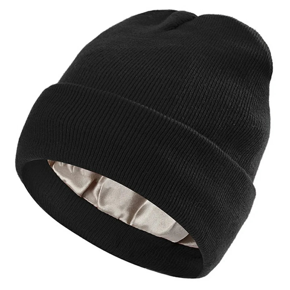 Autumn Winter Knitted Beanie Hat Satin Lining Solid Color Roll-up Edge Skullcap for Men Women - Black - 1
