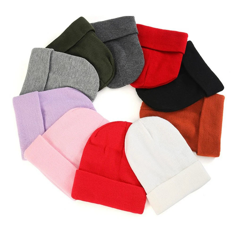 Autumn Winter Knitted Beanie Hat Satin Lining Solid Color Roll-up Edge Skullcap for Men Women - Black - 3