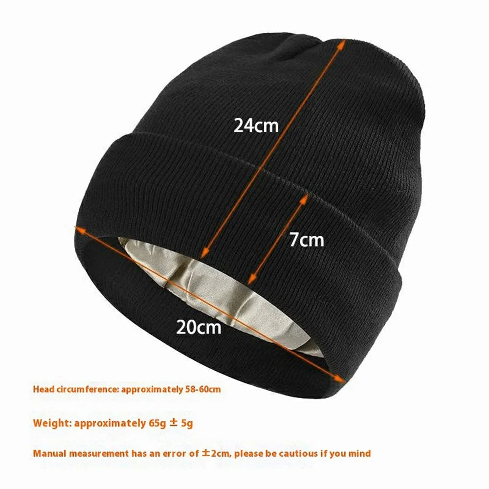 Autumn Winter Knitted Beanie Hat Satin Lining Solid Color Roll-up Edge Skullcap for Men Women - Black - 4