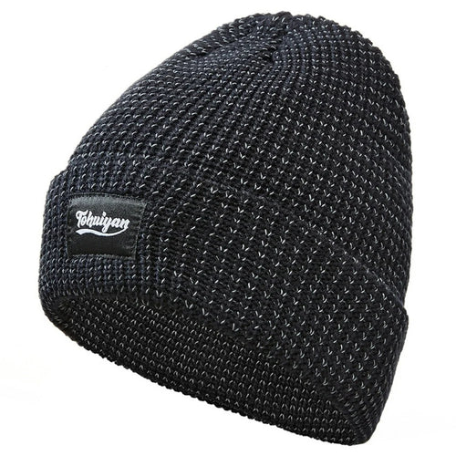 TOHUIYAN Reflective Beanie Cap for Outdoor Sports Roll-up Edge Skullcap Winter Warm Knit Hat - Black - 1