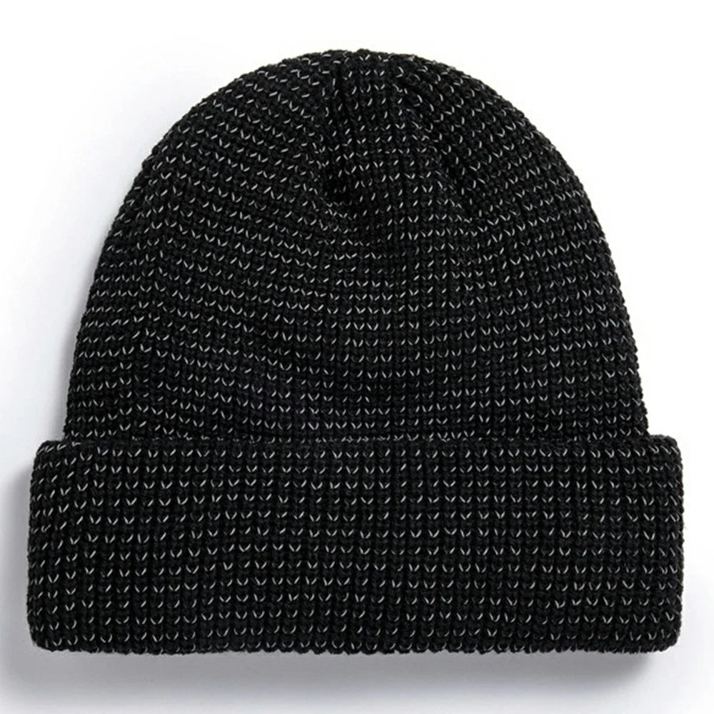 TOHUIYAN Reflective Beanie Cap for Outdoor Sports Roll-up Edge Skullcap Winter Warm Knit Hat - Black - 3