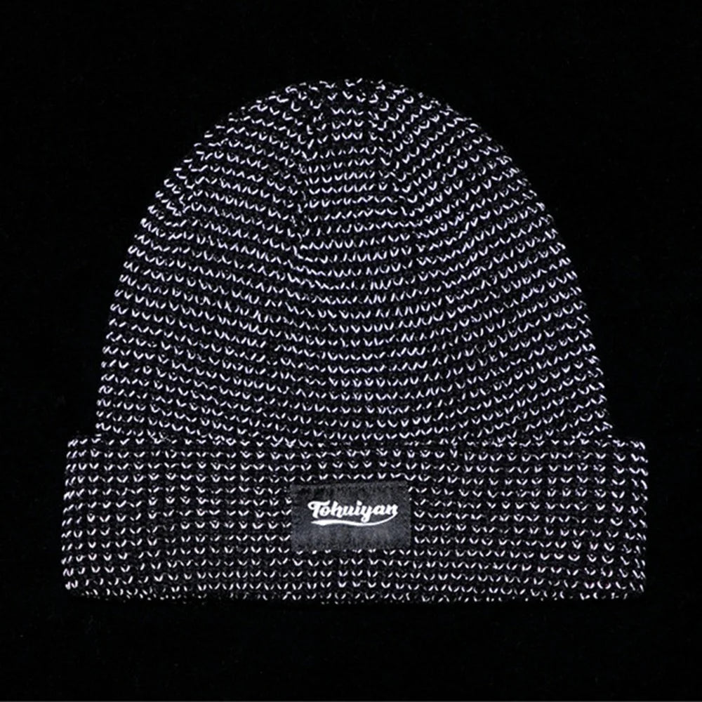 TOHUIYAN Reflective Beanie Cap for Outdoor Sports Roll-up Edge Skullcap Winter Warm Knit Hat - Black - 4