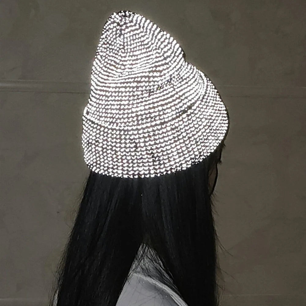 TOHUIYAN Reflective Beanie Cap for Outdoor Sports Roll-up Edge Skullcap Winter Warm Knit Hat - Black - 7