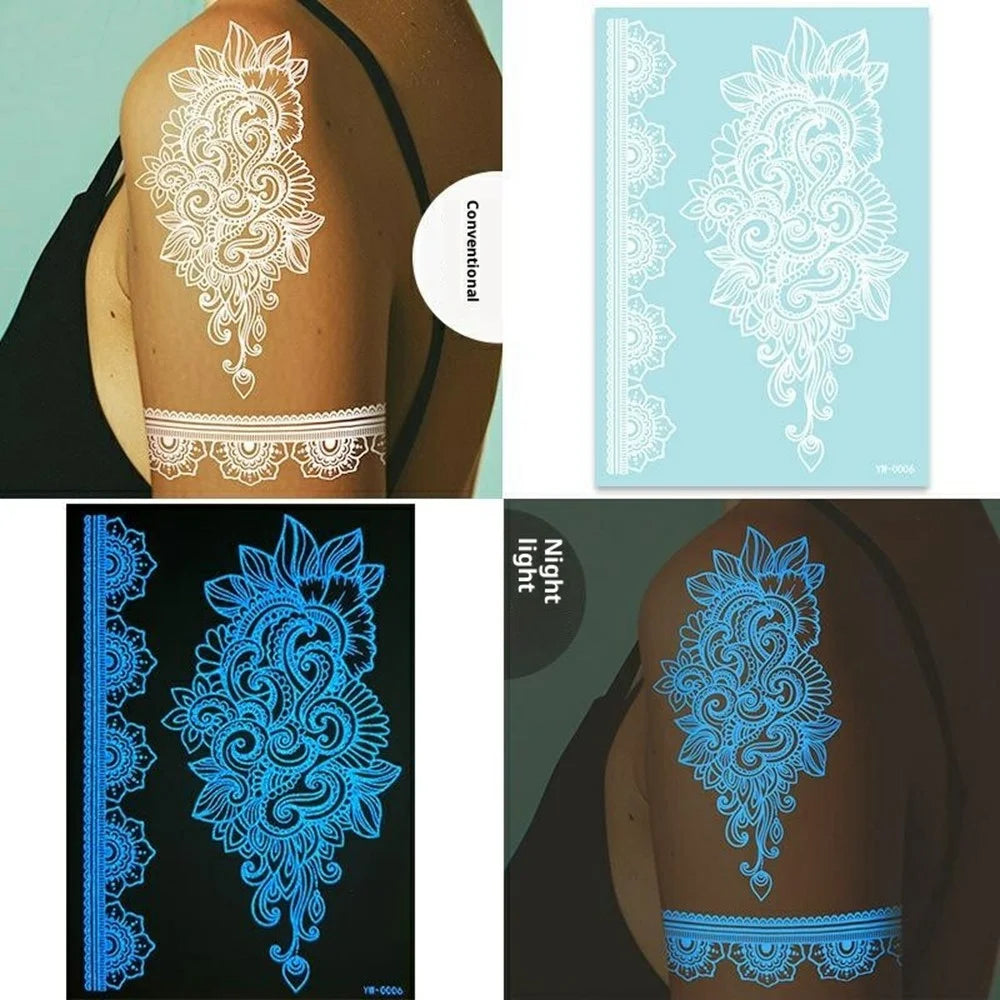 6Pcs / Set Luminous Indian Henna Lace Tattoo Stickers Gift Water Transfer Paper Temporary Tattoos for Body Art - YW-A - 4