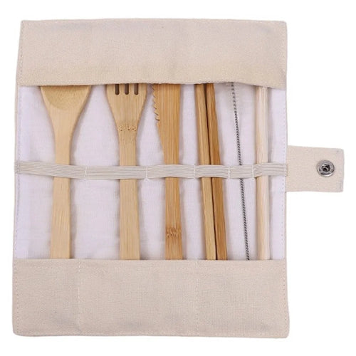 Eco-Friendly Bamboo Travel Tableware Portable Bamboo Cutlery Set with Knife Fork Spoon Chopsticks (BPA Free, FDA Certified) - Light Yellow Bag - 1