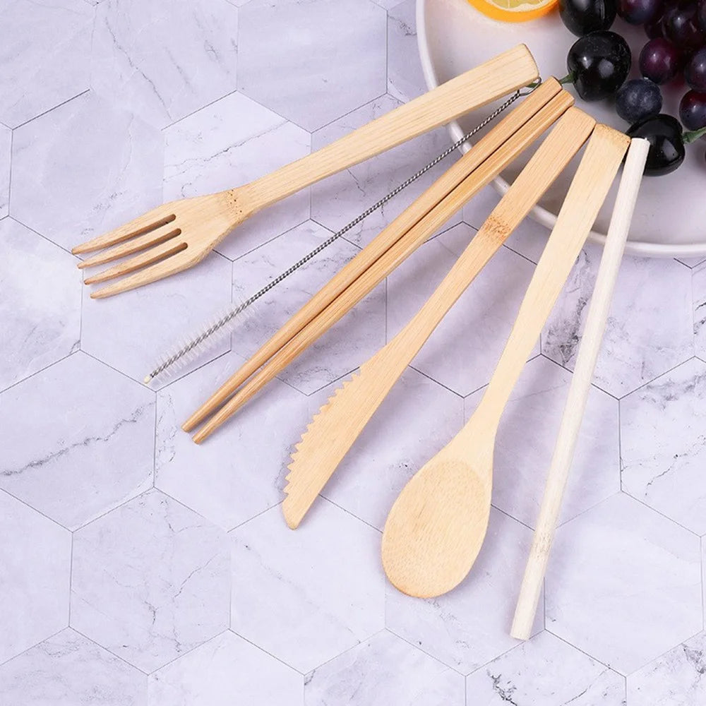 Eco-Friendly Bamboo Travel Tableware Portable Bamboo Cutlery Set with Knife Fork Spoon Chopsticks (BPA Free, FDA Certified) - Light Yellow Bag - 2