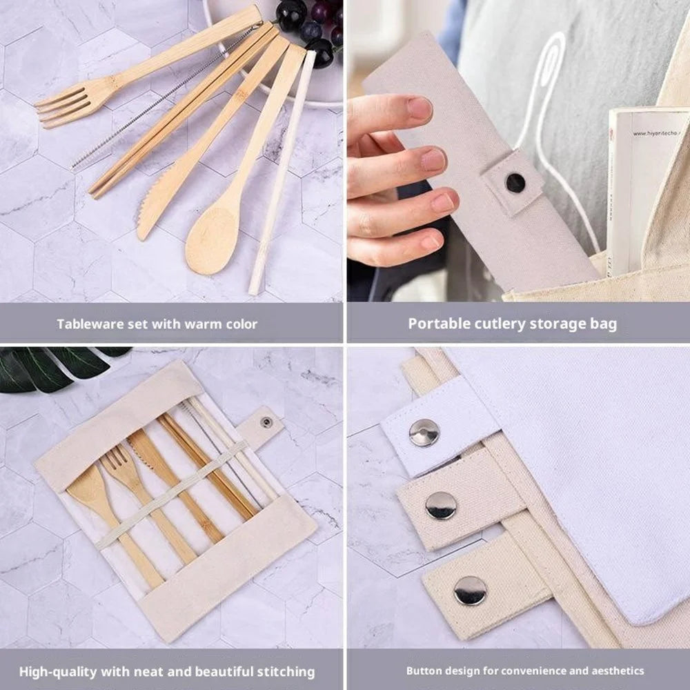 Eco-Friendly Bamboo Travel Tableware Portable Bamboo Cutlery Set with Knife Fork Spoon Chopsticks (BPA Free, FDA Certified) - Light Yellow Bag - 4