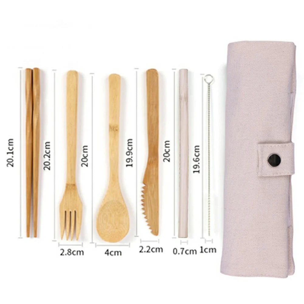 Eco-Friendly Bamboo Travel Tableware Portable Bamboo Cutlery Set with Knife Fork Spoon Chopsticks (BPA Free, FDA Certified) - Light Yellow Bag - 6