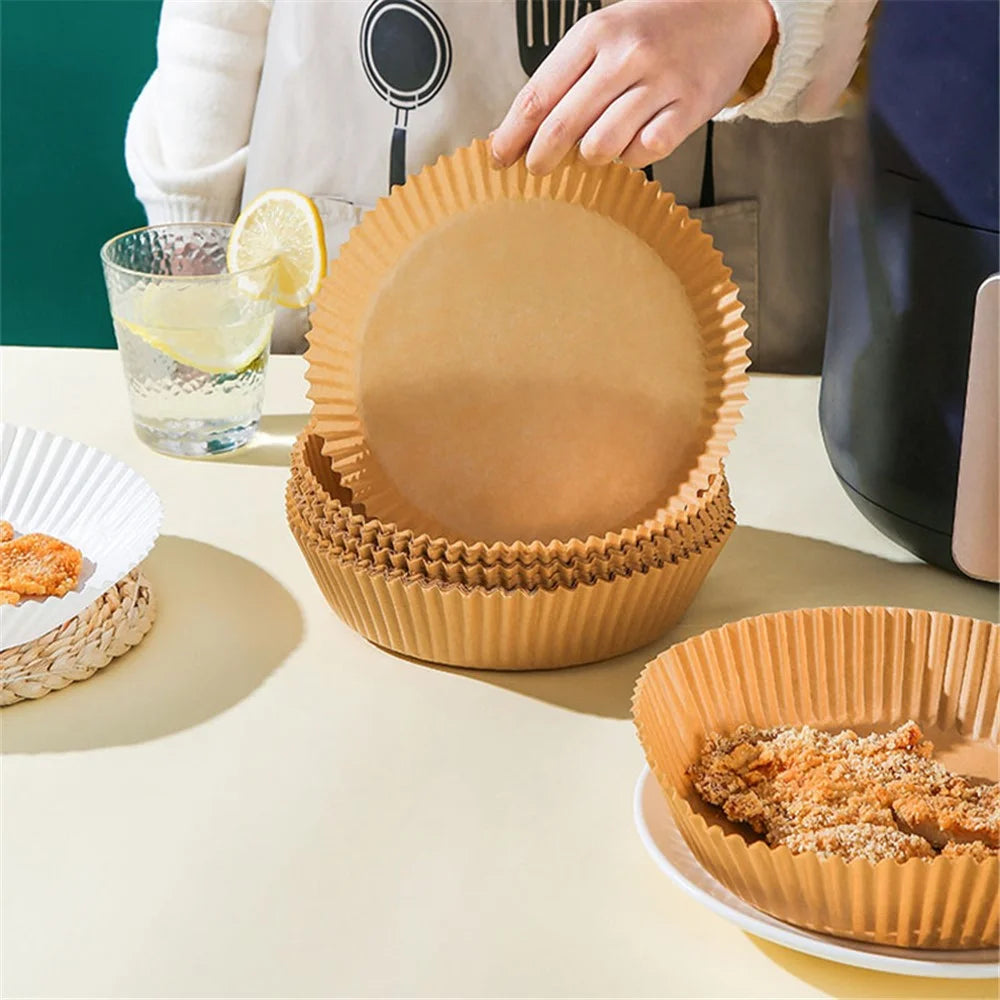 50PCS Waterproof Air Fryer Paper Liner 16CM Diameter Non-Stick Oilproof Air Fryer Parchment Paper Liners Baking Roasting Paper (BPA-Free, No FDA Certified) - Light Brown - 2