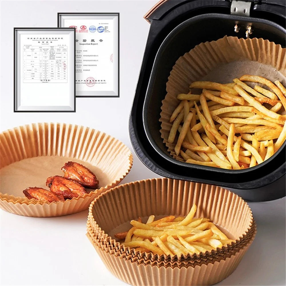 50PCS Waterproof Air Fryer Paper Liner 16CM Diameter Non-Stick Oilproof Air Fryer Parchment Paper Liners Baking Roasting Paper (BPA-Free, No FDA Certified) - Light Brown - 3
