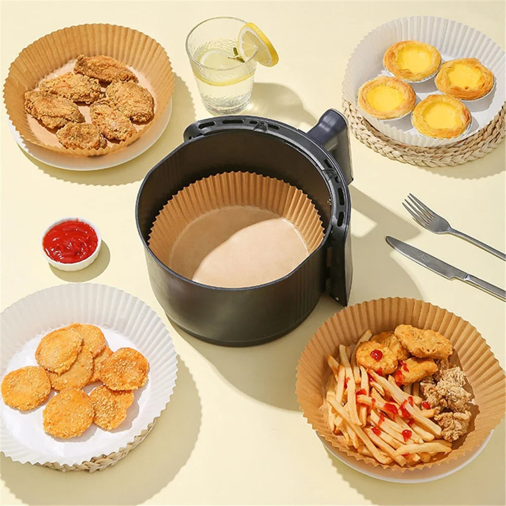 50PCS Waterproof Air Fryer Paper Liner 16CM Diameter Non-Stick Oilproof Air Fryer Parchment Paper Liners Baking Roasting Paper (BPA-Free, No FDA Certified) - Light Brown - 7