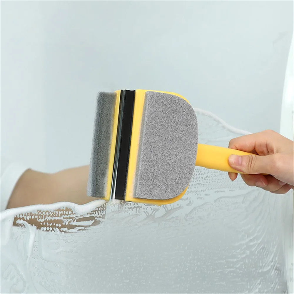 Double-Sided Cleaning Brush Sponge+Scraper Easy Scrubbing for Bathroom Mirrors, Glass Doors and Windows, Sinks - Yellow - 2
