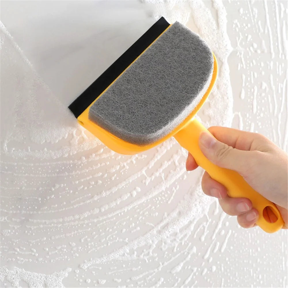 Double-Sided Cleaning Brush Sponge+Scraper Easy Scrubbing for Bathroom Mirrors, Glass Doors and Windows, Sinks - Yellow - 3