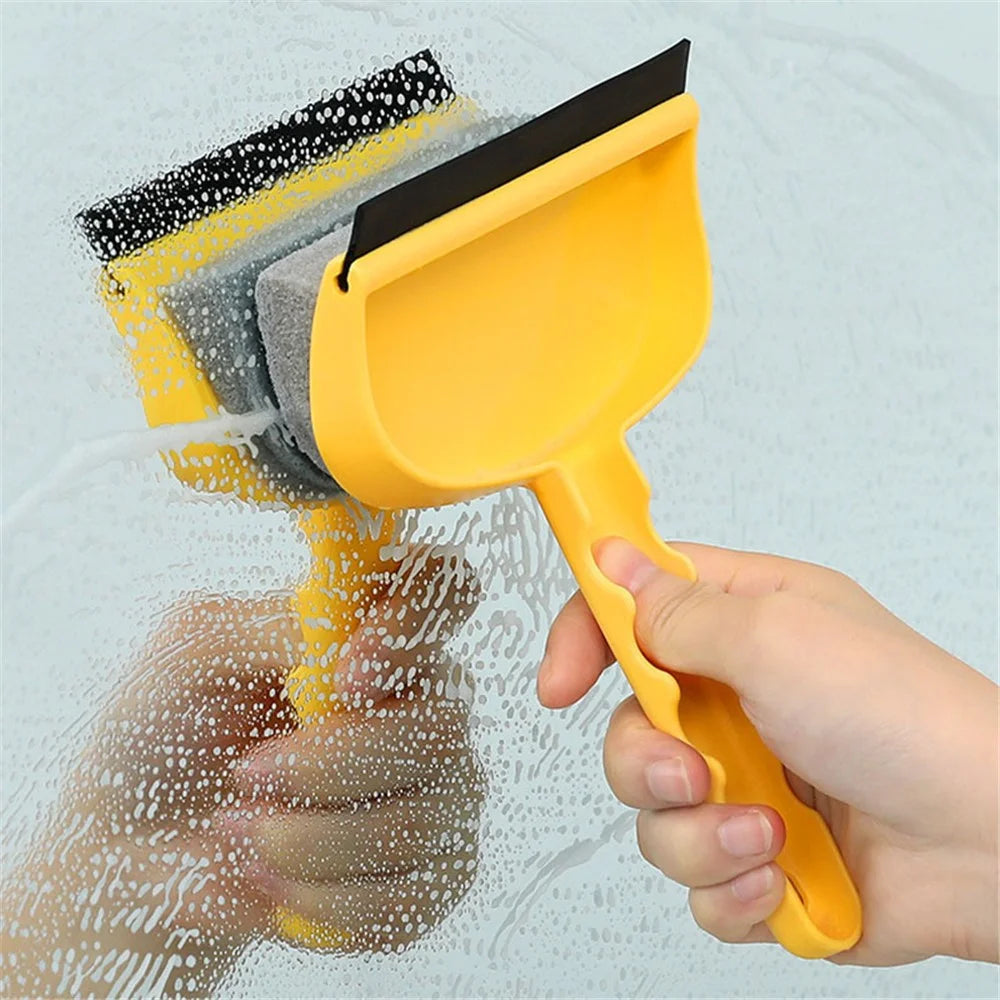 Double-Sided Cleaning Brush Sponge+Scraper Easy Scrubbing for Bathroom Mirrors, Glass Doors and Windows, Sinks - Yellow - 4