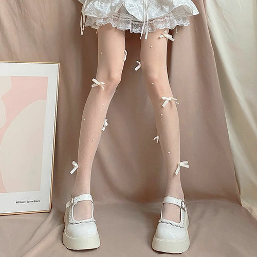 Velvet Bow Stockings Summer Japanese Style Sheer Pantyhose with Pearl Accents for Women - White+White - 1