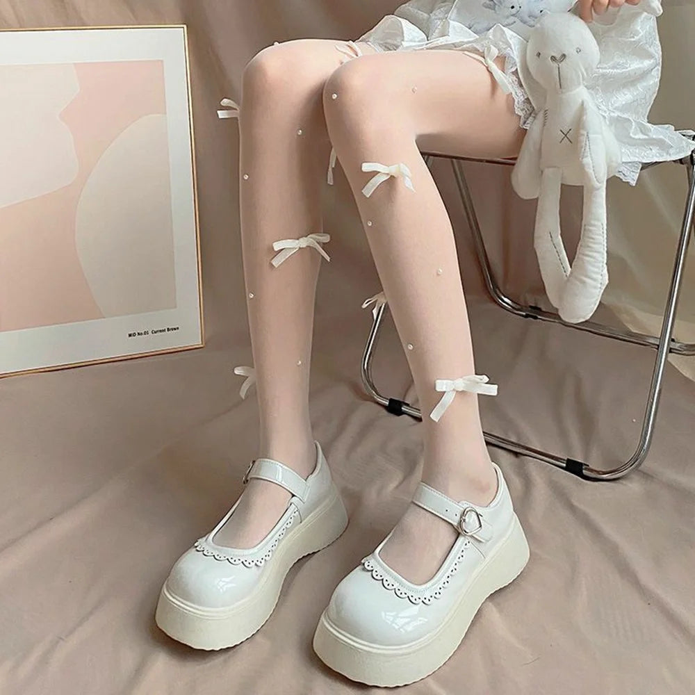 Velvet Bow Stockings Summer Japanese Style Sheer Pantyhose with Pearl Accents for Women - White+White - 2
