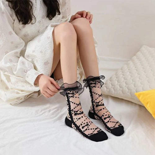 1Pair Cute Japanese Style Socks Mid Calf Lace Trim Socks for Women - Black Dots / Black - 1