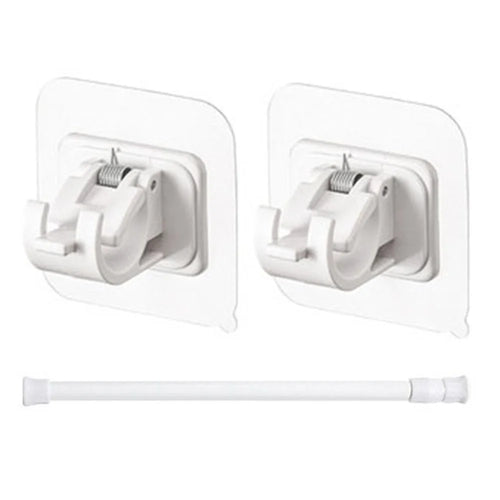 50-90CM Expandable Tension Rod Towel Curtain Rod Telescopic Wardrobe Bathroom Clothes Hanger Pole + Dual Rod Holder Hooks - White - 1