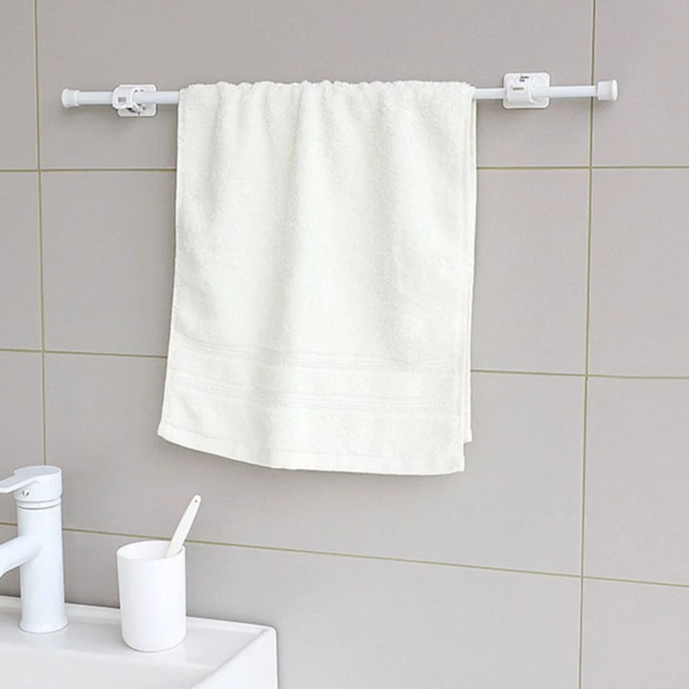 60-110CM Telescopic Tension Rod Towel Curtain Rod Wardrobe Bathroom Clothes Hanger Pole with 2 Rod Holder Hooks - White - 3