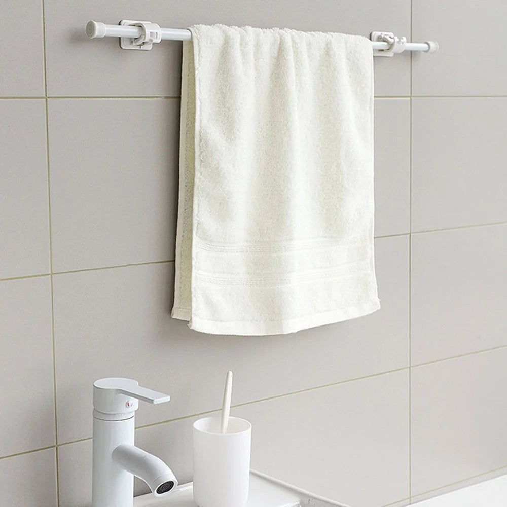 60-110CM Telescopic Tension Rod Towel Curtain Rod Wardrobe Bathroom Clothes Hanger Pole with 2 Rod Holder Hooks - White - 4